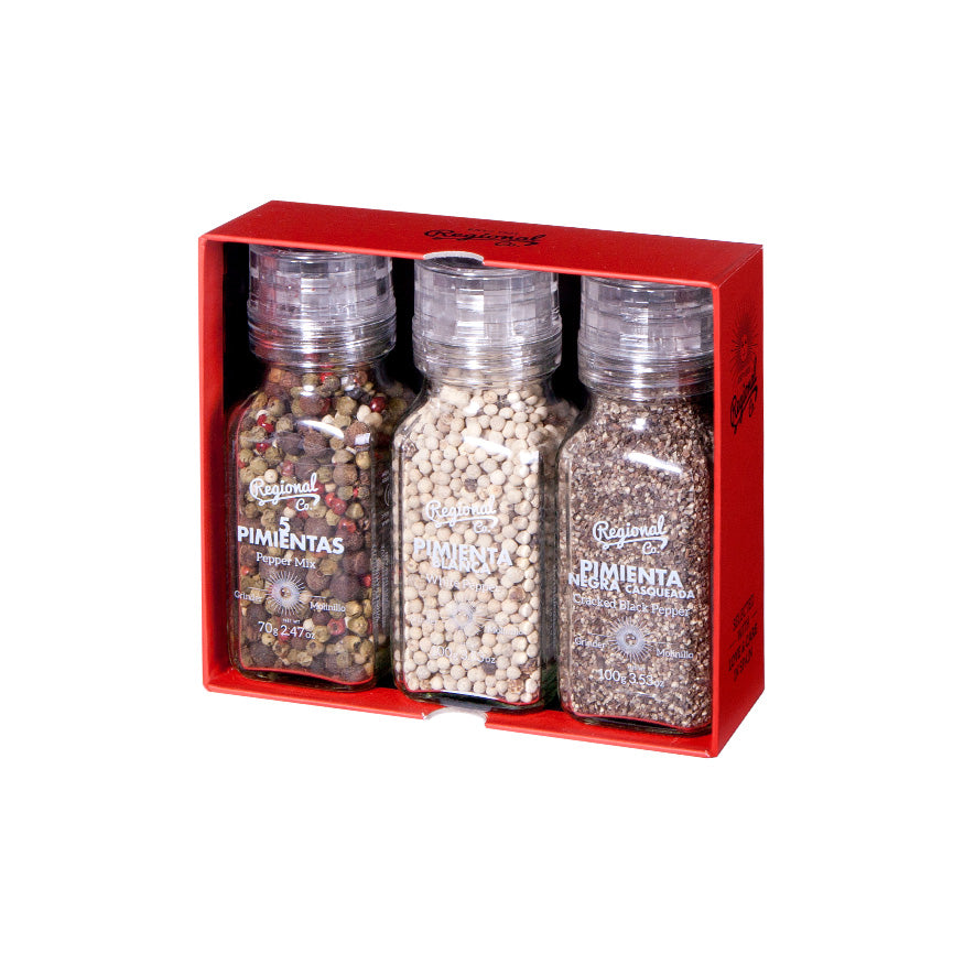 3 Molinillos  All Mix De 5 Pimientas, Sal Blanca Escamas, Harissa En Gift Pack 45g